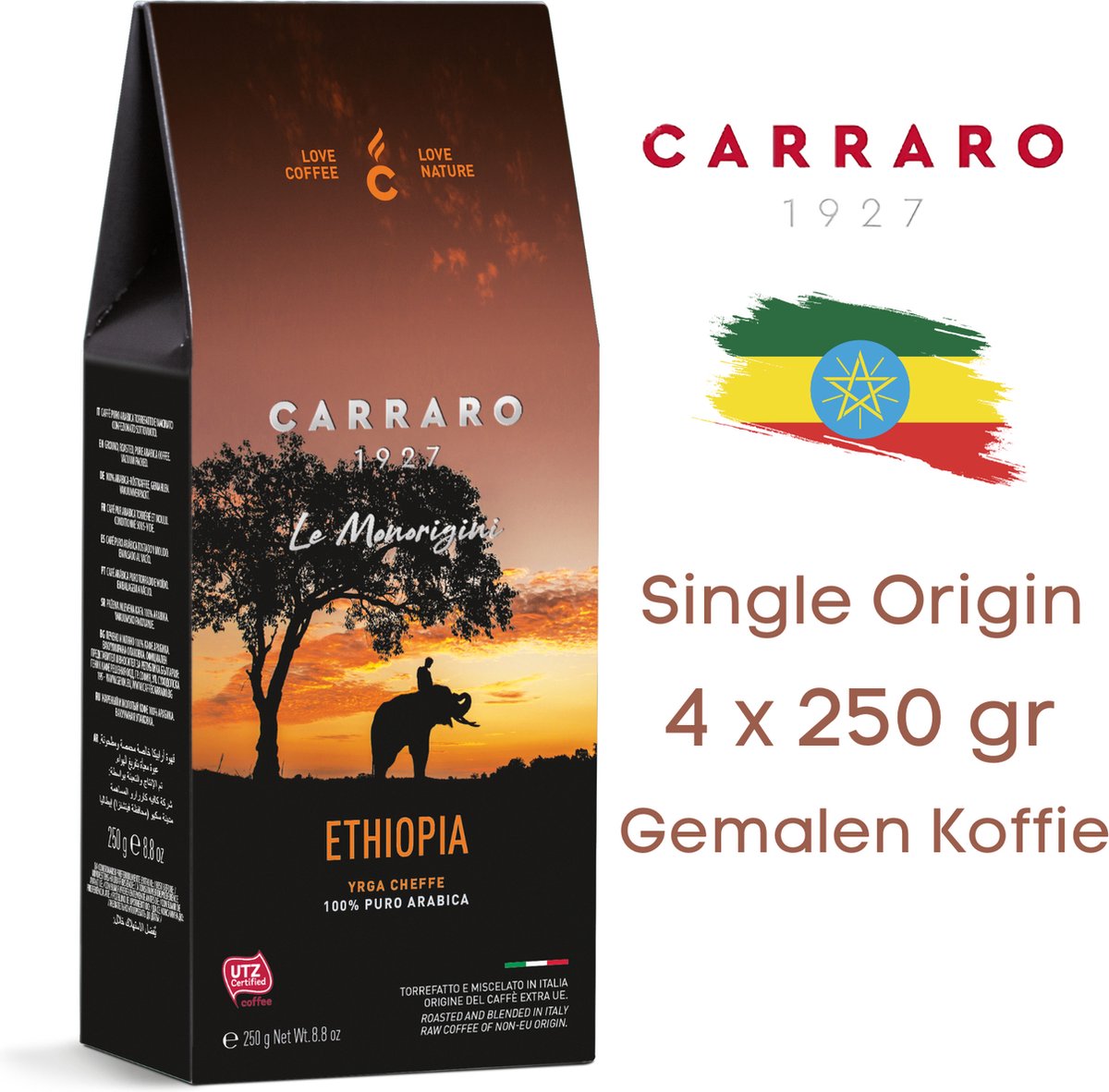 Caffe Carraro 1927 - Gemalen Koffie uit Ethiopië - 4 x 250 gram Filter Koffie