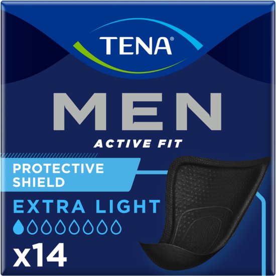 TENA MEN ACTIVE FIT beschermend schild, 14 stuks, extra licht, met "PROTECTIVE SHIELD" tekst.