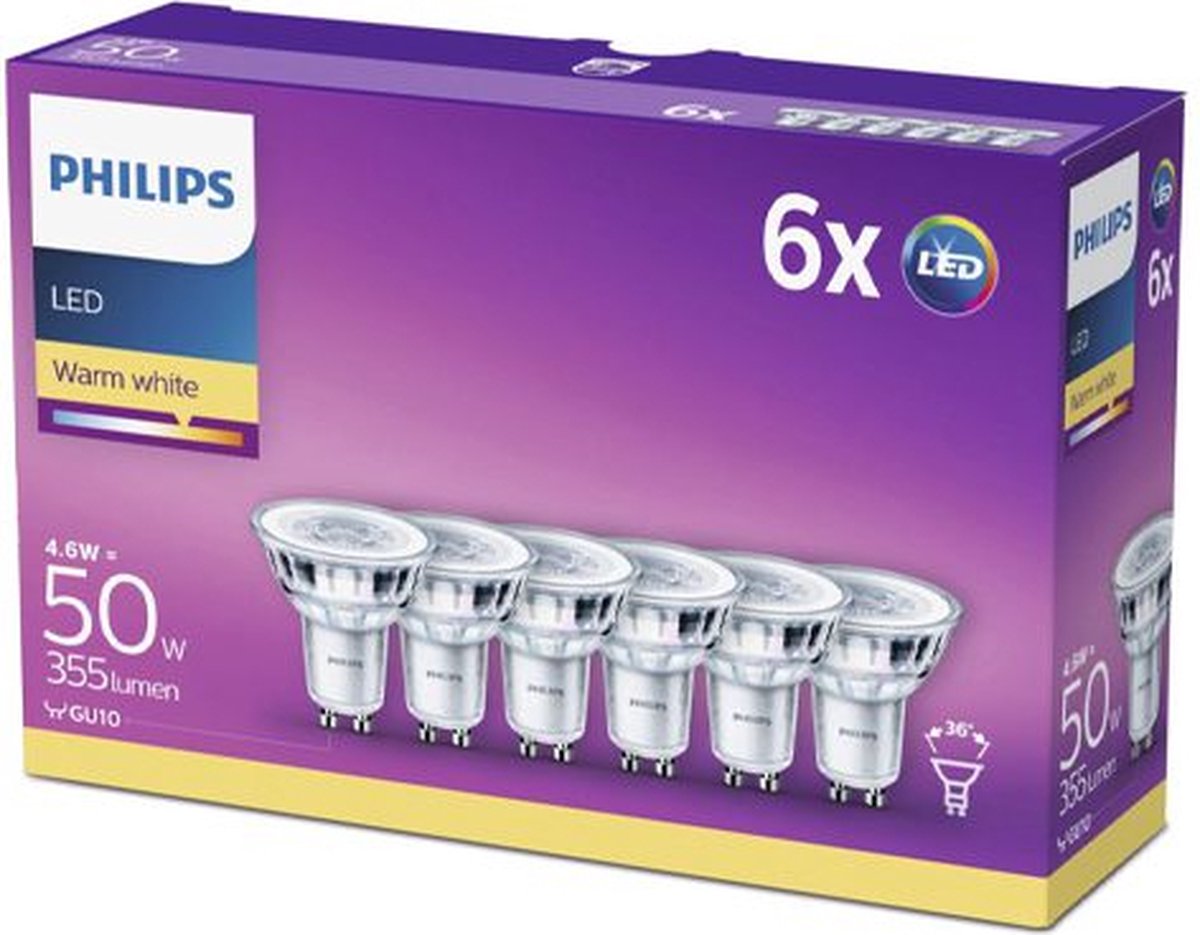 Philips LED Spot - 50 W - GU10 - warmwit licht - 6 stuks | bol.com