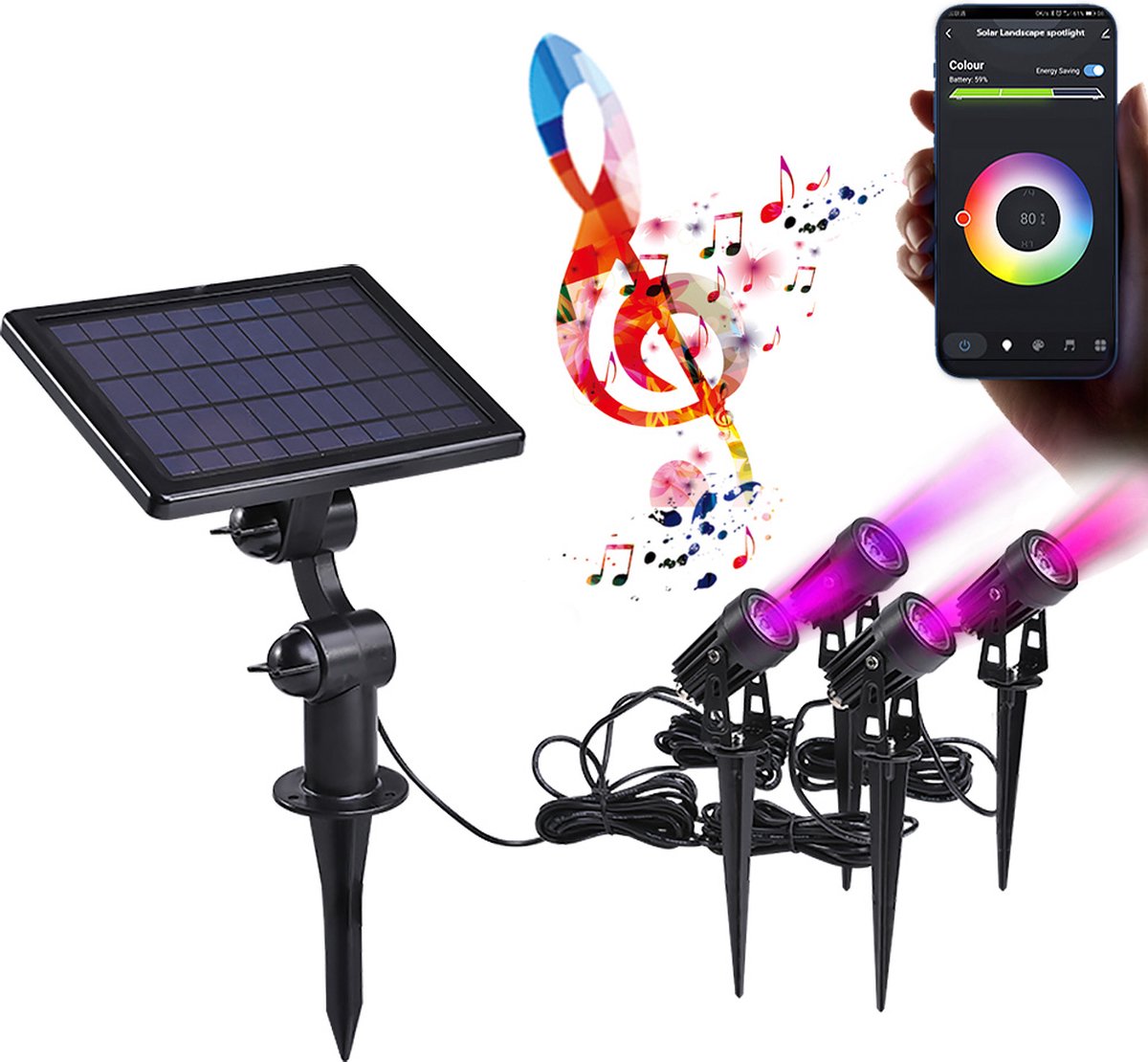 Lueas® Solar Tuinspots met app 4 stuks - Zonne-energie - LED tuinspots - Tuinlampen - RGB multicolour