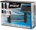 Verpakking van SportX verstelbaar tafeltennisnet met een afbeelding van een tafeltennisnet op een tafel.