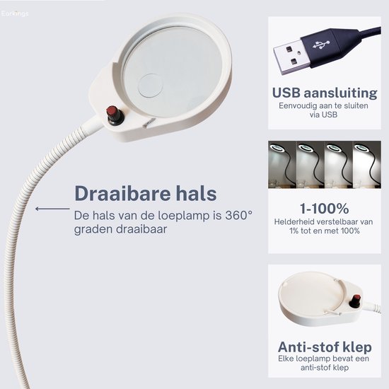 Witte loeplamp met flexibele hals en USB-aansluiting, 1-100% dimbaar