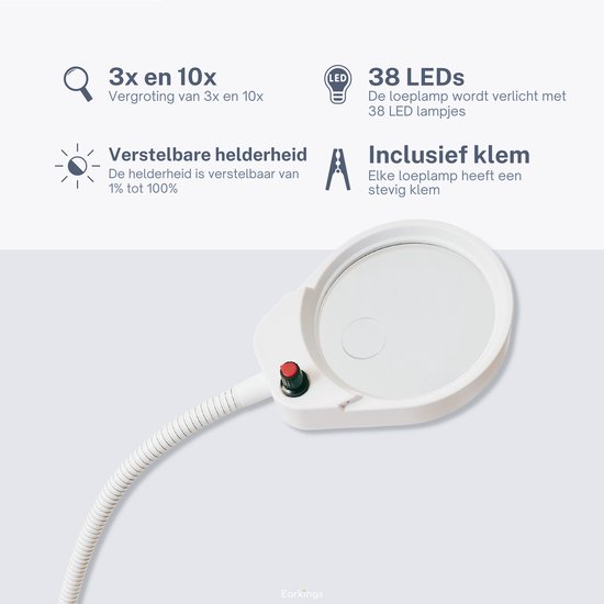 Witte loeplamp met 3x en 10x vergroting, 38 LEDs en dimbare helderheid