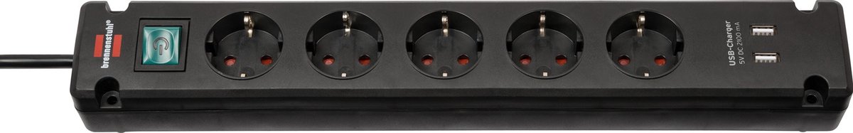 Bremounta stekkerdoos met USB 5-voudig zwart 3m H05VV-F 3G1,5 met schakelaar - Brennenstuhl