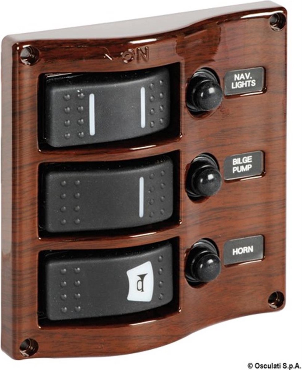 Marina 12V 3-voudig mahonie Schakelpaneel met LEDs