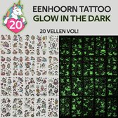 20 vellen! Glow in the Dark Eenhoorn Tattoo's - Tijdelijke tattoo stickers voor kinderen - 200+ stuks - Tijdelijke Tattoo - Plakplaatjes - Kinderen