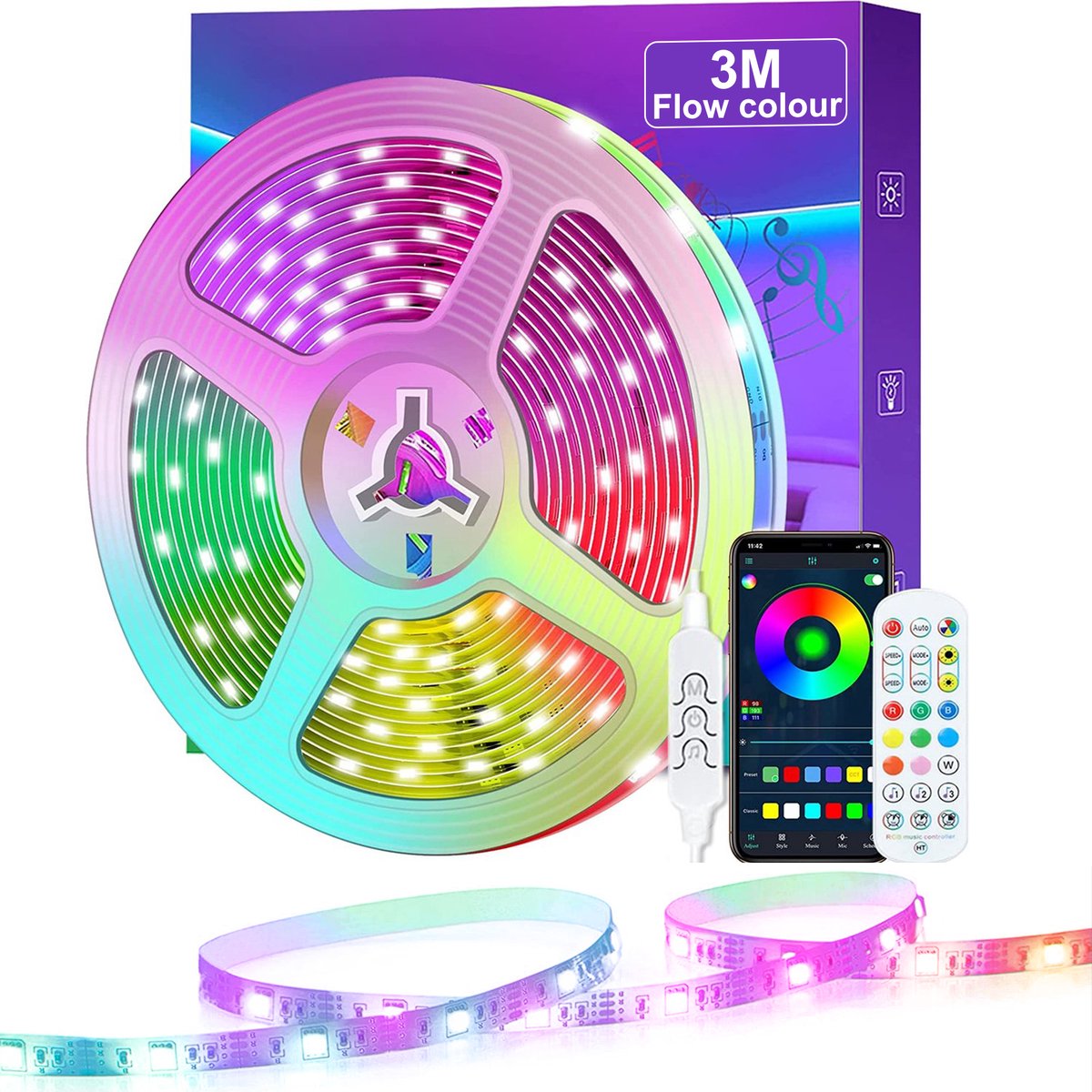 TRANSNECT ® – LED light strip 3 meter met Smart App en IR Afstandsbediening –16 Miljoen Kleur lights – One Key Muziek Sync – Zelfklevend