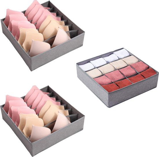 3-pack sok ondergoed organizer verdelers, 64-cel stof opvouwbare kast kast organisatoren en opbergdozen voor het opbergen van sokken, ondergoed, stropdassen (16 24 24 cell, beige