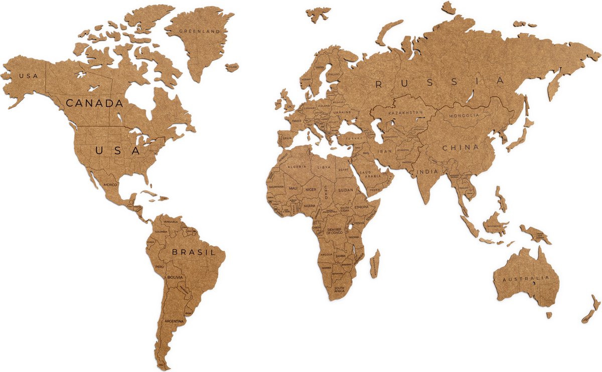 MiMi Innovations® Luxe Houten Wereldkaart - Puzzel Versie mét Landnamen - Medium 90 x 150 cm - Bruin - Muurdecoratie - Wanddecoratie - Muursticker