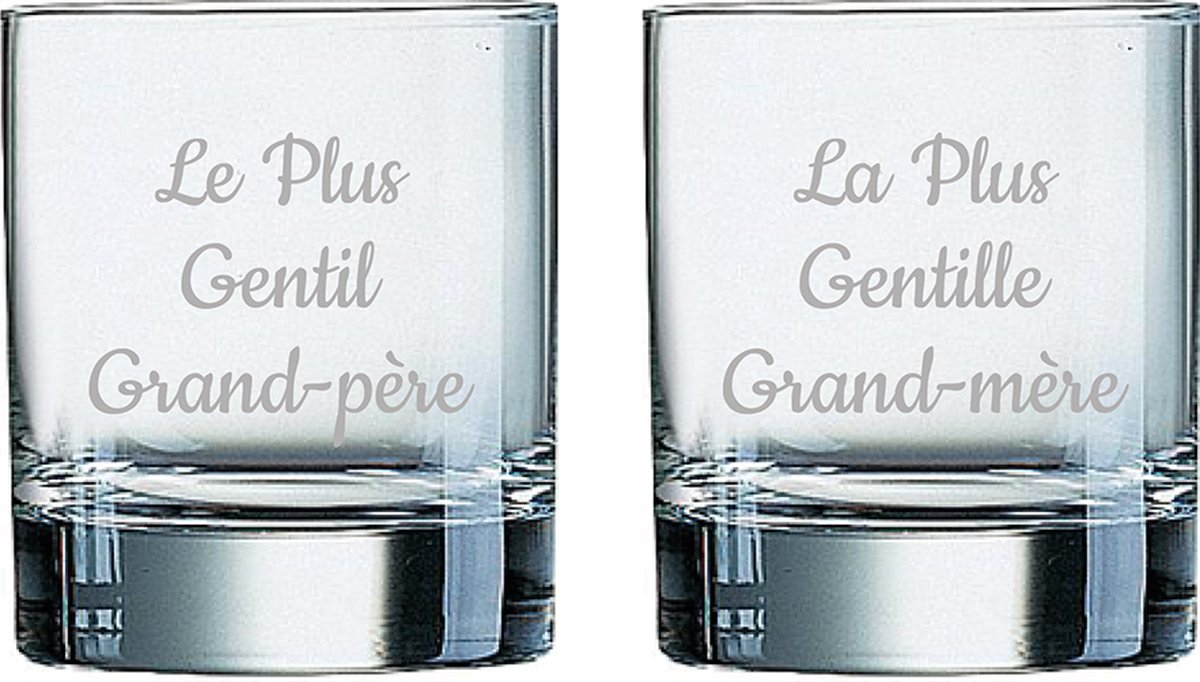 Whiskeyglas gegraveerd - 20cl - Le Plus Gentil Grand-père & La Plus Gentille Grand-mère