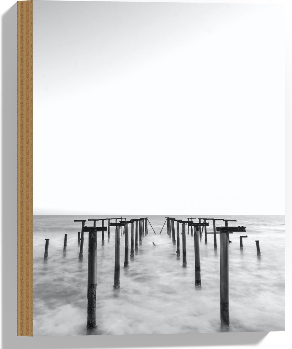 Hout - Rij Palen in de Zee - 30x40 cm - 9 mm dik - Foto op Hout (Met Ophangsysteem)