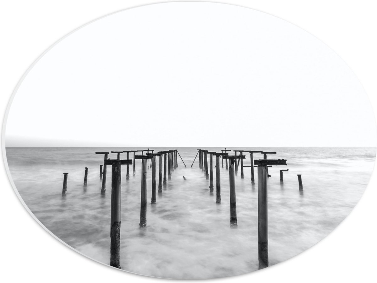 PVC Schuimplaat Ovaal - Rij Palen in de Zee - 40x30 cm Foto op Ovaal (Met Ophangsysteem)