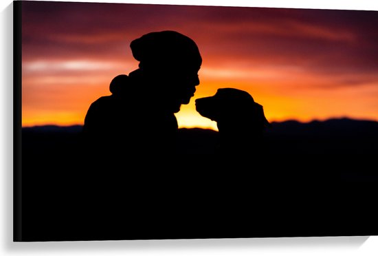 WallClassics - Toile - Silhouette d'Homme au Chapeau avec Son Chien - 90x60 cm Tableau sur Toile (Décoration murale sur Toile)