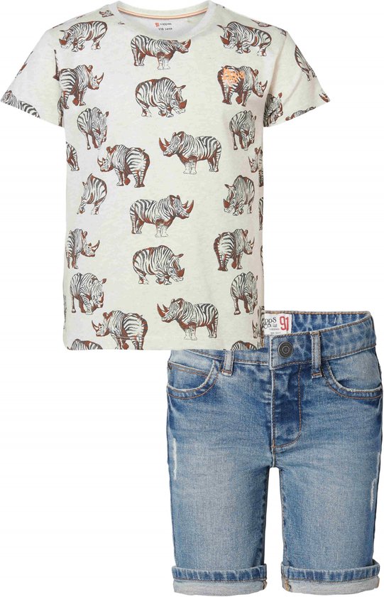 Noppies - Kledingset - 2DELIG - Short Jeans Ghent Mid Blue Denim - Shirt Romney Oatmeal - Maat 128