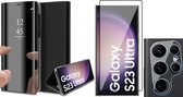 Hoesje geschikt voor Samsung Galaxy S23 Ultra - Screenprotector FlexGuard & Camera Lens Screen Protector - Book Case Spiegel Zwart