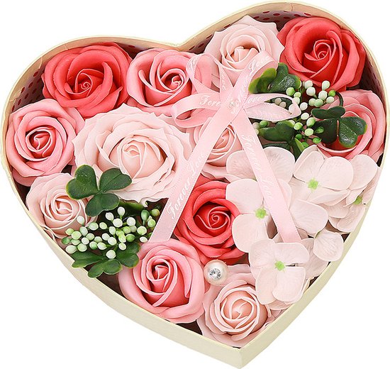 Kunstbloemen - Geschenkset vrouwen - Rozen van geurige zeep - Hartvormige - Valentijn cadeau - Valentijn cadeautje voor haar - Valentijn - Cadeau - Geschenk - Verjaardag - Moederdag - Moederdag cadeautje - Inclusief kaart - Roze
