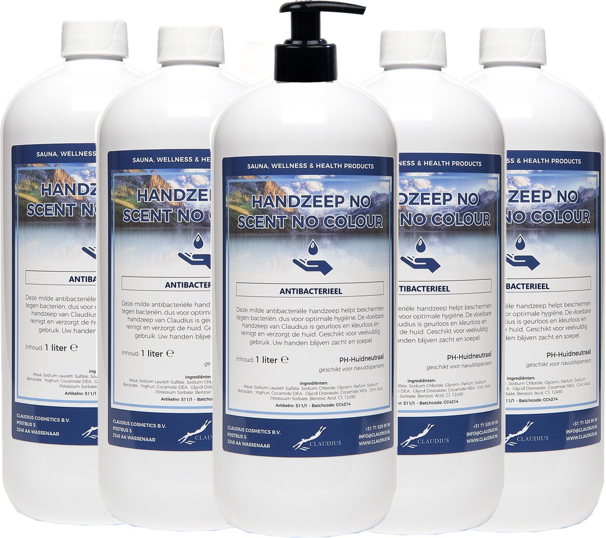Goedkoopste Handzeep No Scent, No Colour 1 liter - met gratis pomp - set van 5 stuks - Voordeelverpakking