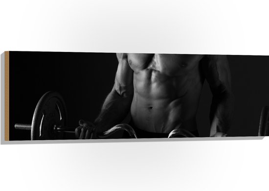 Hout - Gespierde Man met Barbell (Zwart- wit) - 120x40 cm - 9 mm dik - Foto op Hout (Met Ophangsysteem)