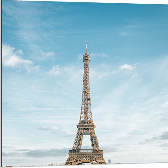 Dibond - Eiffeltoren in Parijs onder Lichte Bewolking - 80x80 cm Foto op Aluminium (Met Ophangsysteem)