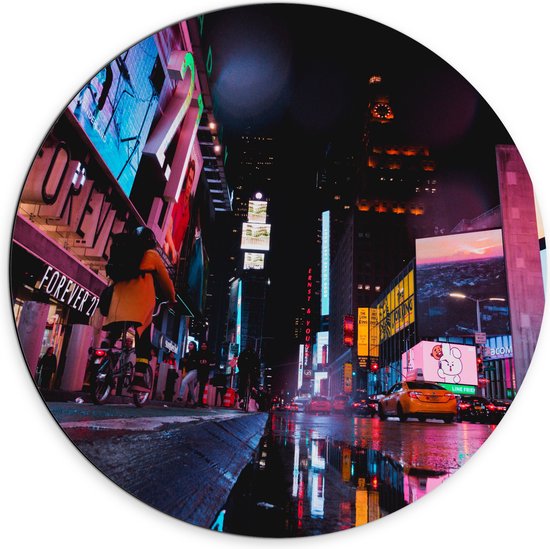 Dibond Muurcirkel - Plein Times Square in Nacht - 70x70 cm Foto op Aluminium Muurcirkel (met ophangsysteem)