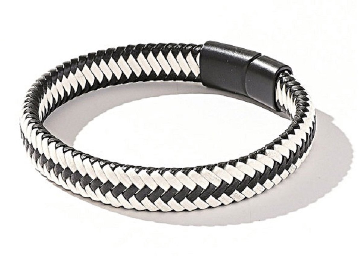 Encantada - Heren Armband - Leder -Gevlochten - Zwart/Wit - 22 cm