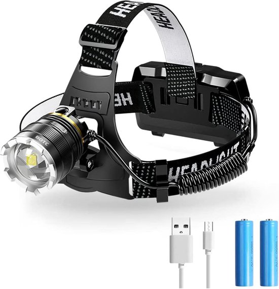 BOTC Hoofdlamp USB Oplaadbaar en waterdicht - Batterij 2*2600mAh - Hoofdlampje - Hoofd Zaklamp- LED koplamp-LXL10112
