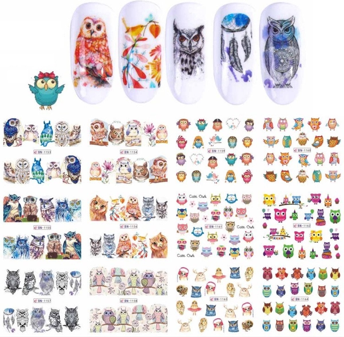 Goedkoopste 12 Stuks Nagelstickers – Uilen – Nail Art Stickers