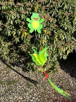 Windmolen met "kikker" - groen en meerkleurig - nylon + kunststof - dia 23 cm x hoogte 120 cm - Tuinaccessoires - Windmolens