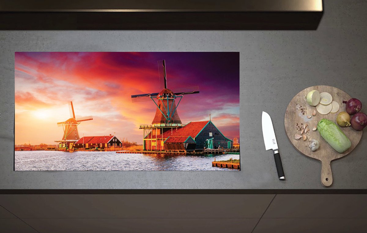 Inductieplaat Beschermer - Nederlandse Windmolens aan het Water onder Paars met Oranje Lucht - 90x52 cm - 2 mm Dik - Inductie Beschermer van Vinyl