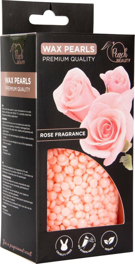 Doos Peach Beauty waxparels met rozengeur. Roze parels zichtbaar in venster. Rozenillustratie en productinformatie zichtbaar.