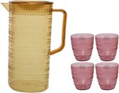Gele schenkkan/waterkan/sapkan/limonadekan set met 4 roze glazen