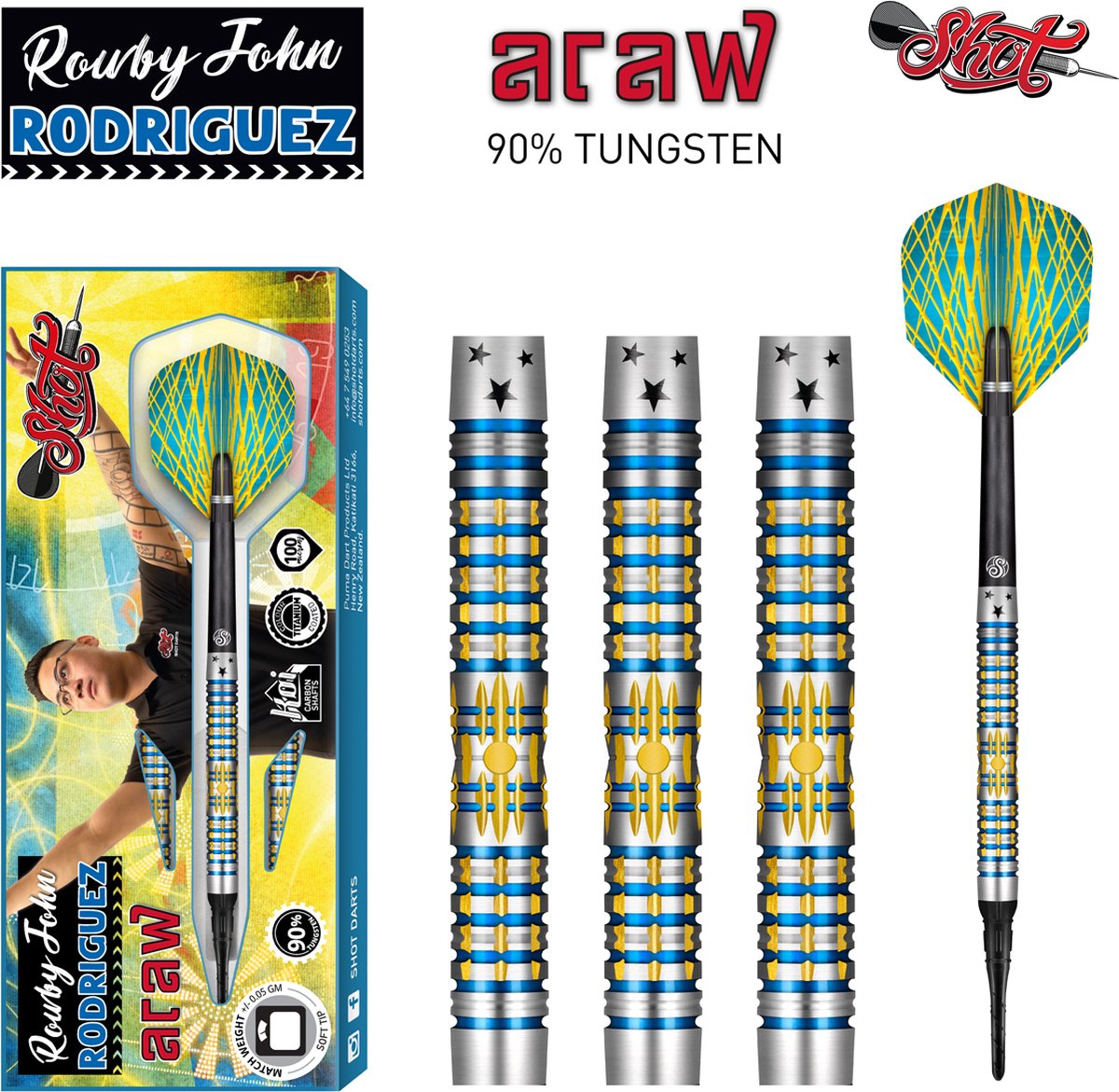 Shot Rowby-John Rodriguez Araw 90% Soft Tip - Dartpijlen