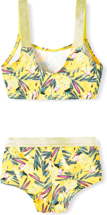 Gele bikini met tropische print van ananassen, bladeren en vogels. Gekleurde schouderbandjes met glitters.