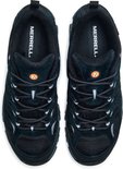 Paar zwarte Merrell wandelschoenen met grijze veters en oranje 'M' logo's op de tong.