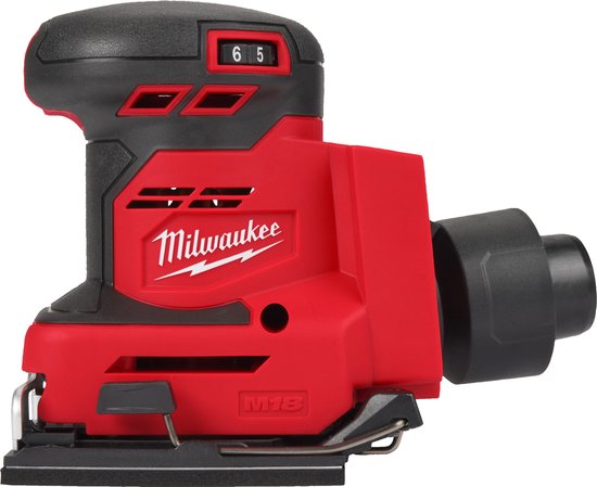 Rode en zwarte Milwaukee accubladschuurmachine met digitale snelheidsweergave en stofafvoer.