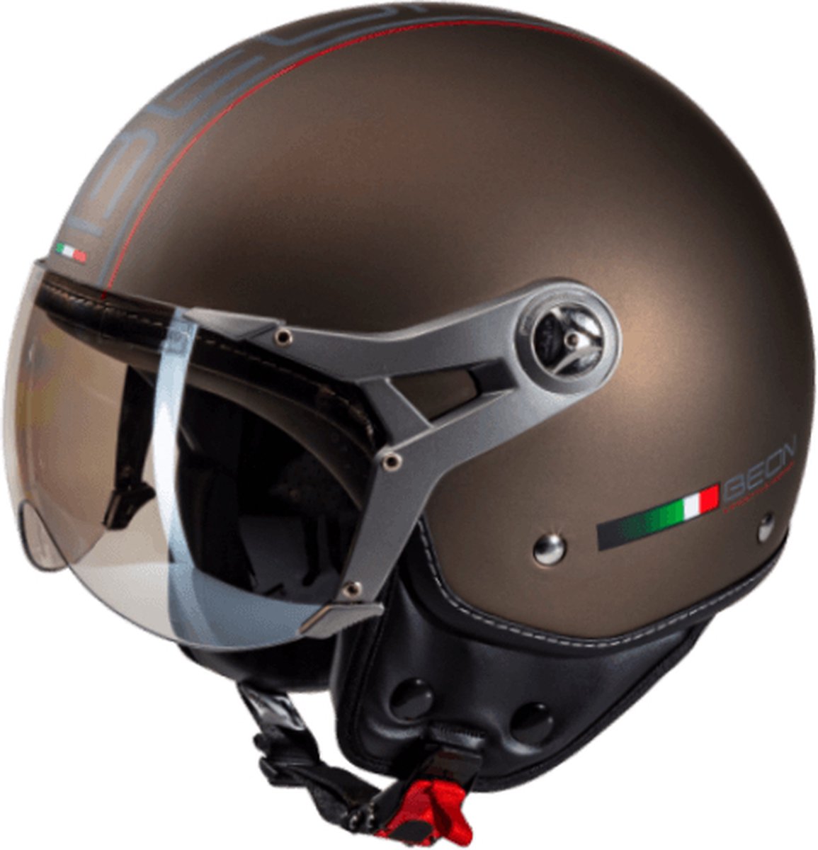 BEON DESIGN B Jethelm met Vizier - Geschikt als Snorfiets Brommer Motor Scooter Helm - Retro Vespa Helm Scooter voor Volwassenen - XS - Brons - Incl helmtas