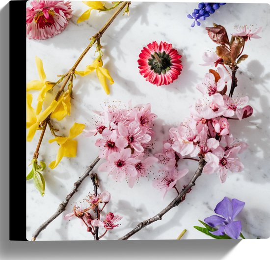 Canvas - Mix van Verschillende Bloemen en Planten in Meerdere Kleuren - 30x30 cm Foto op Canvas Schilderij (Wanddecoratie op Canvas)