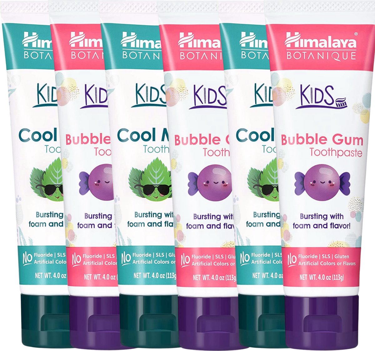 Himalaya Botanique Bubble Gum & Cool Mint Kindertandpasta - Mix Fun Pack - 6 x 80 g - Biologische Tandpasta - Tandpasta Zonder Fluoride - Vegan