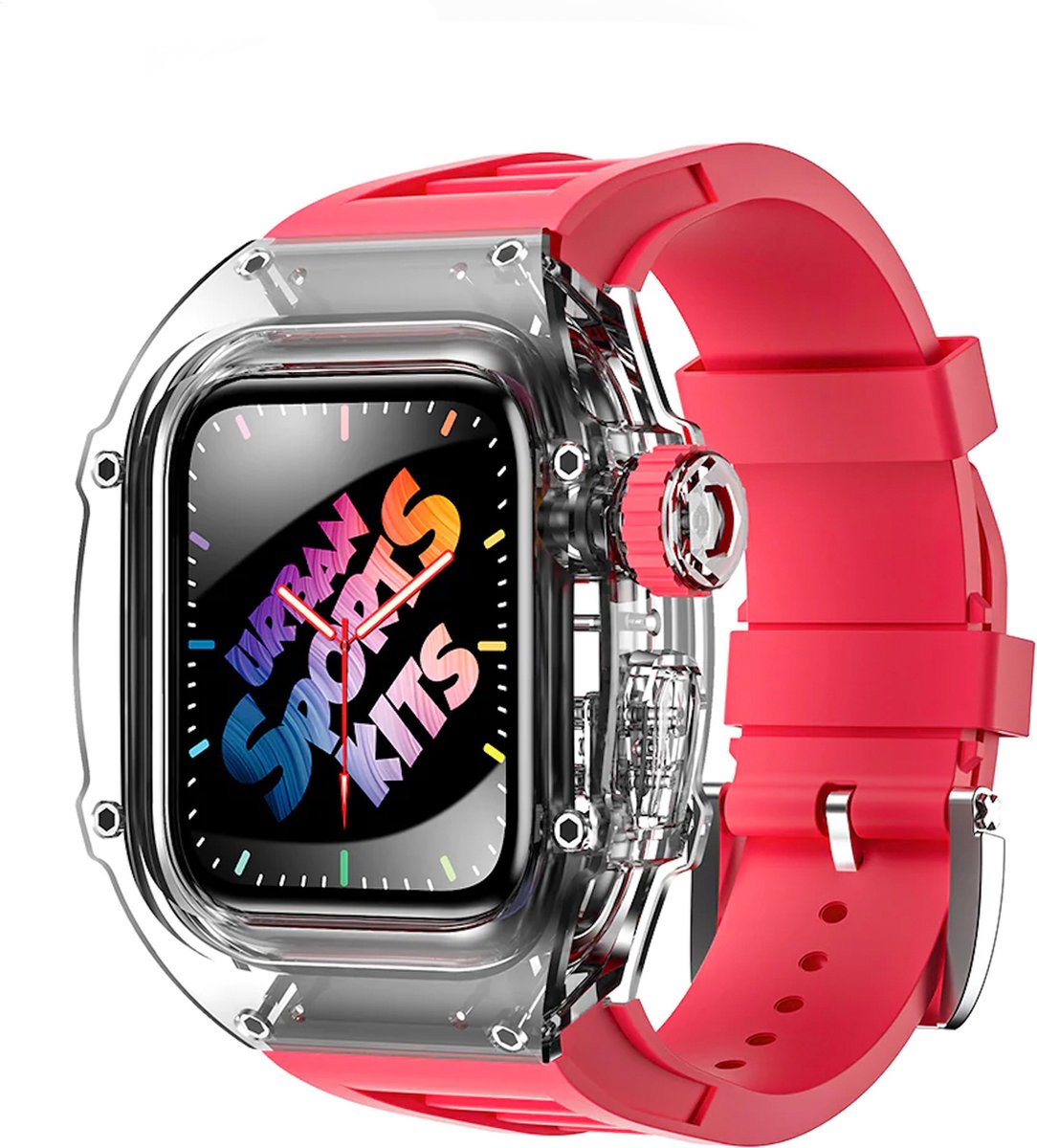MY PROTECT - Luxe Sapphire Bandje & Hoesje Geschikt Voor Apple Watch 44mm - Rood