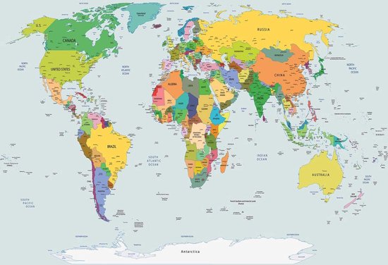 Fotobehang - Vlies Behang - Kaart van de Wereld - Wereldkaart - 254 x 184 cm