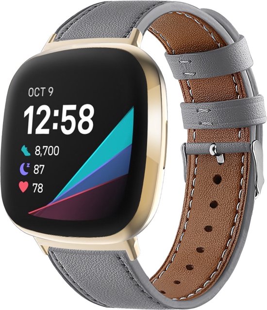 By Qubix geschikt voor Fitbit Versa 3 - Fitbit Versa 4 - Fitbit Sense 1 - Fitbit Sense 2 leren bandje - Grijs Smartwatchbandje bandje Armband Polsband Strap Band Watchband