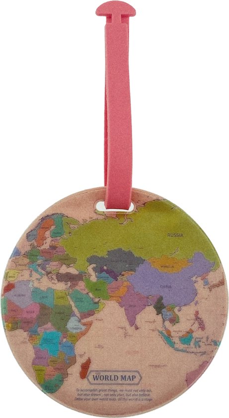 Rond bagagelabel met wereldkaartmotief en roze lus, op een lichte achtergrond.