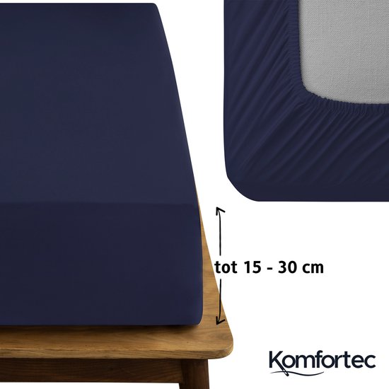 Komfortec Jersey Stretch Hoeslaken 160x200 cm - 30cm Matrasdikte- Rondom Elastiek - 100% Katoen - Blauw - Komfortec