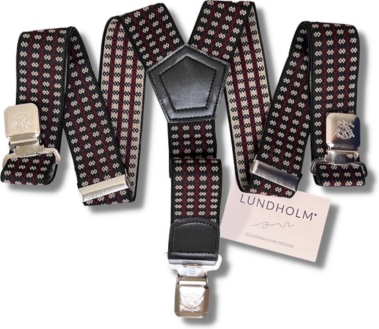 Lundholm Bretels heren volwassenen zwart rood met patroon 3 clips - extra stevig hoge kwaliteit - Scandinavisch design - mannen cadeautjes tip | Lundholm Bastad serie
