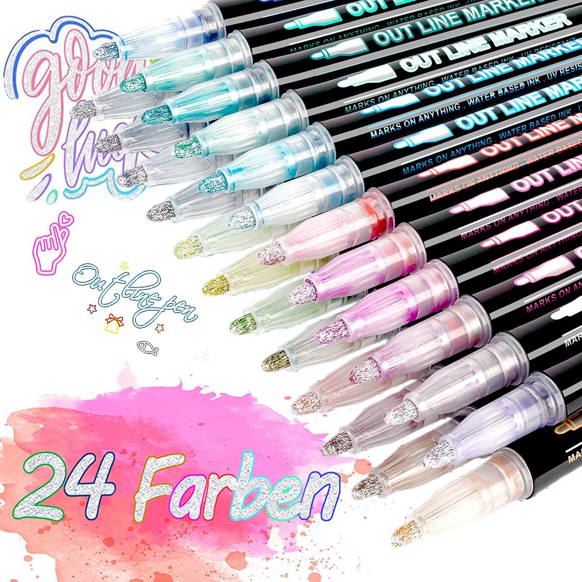 Glitterstiften 24 kleuren - Glitterpennen - Metallic Outline Markers Pennen