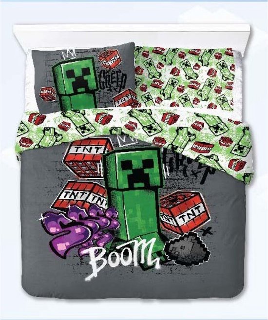 Donkergrijs dekbedovertrek met Minecraft Creeper en TNT-blokken. Kussensloop met Creeper en TNT-print.