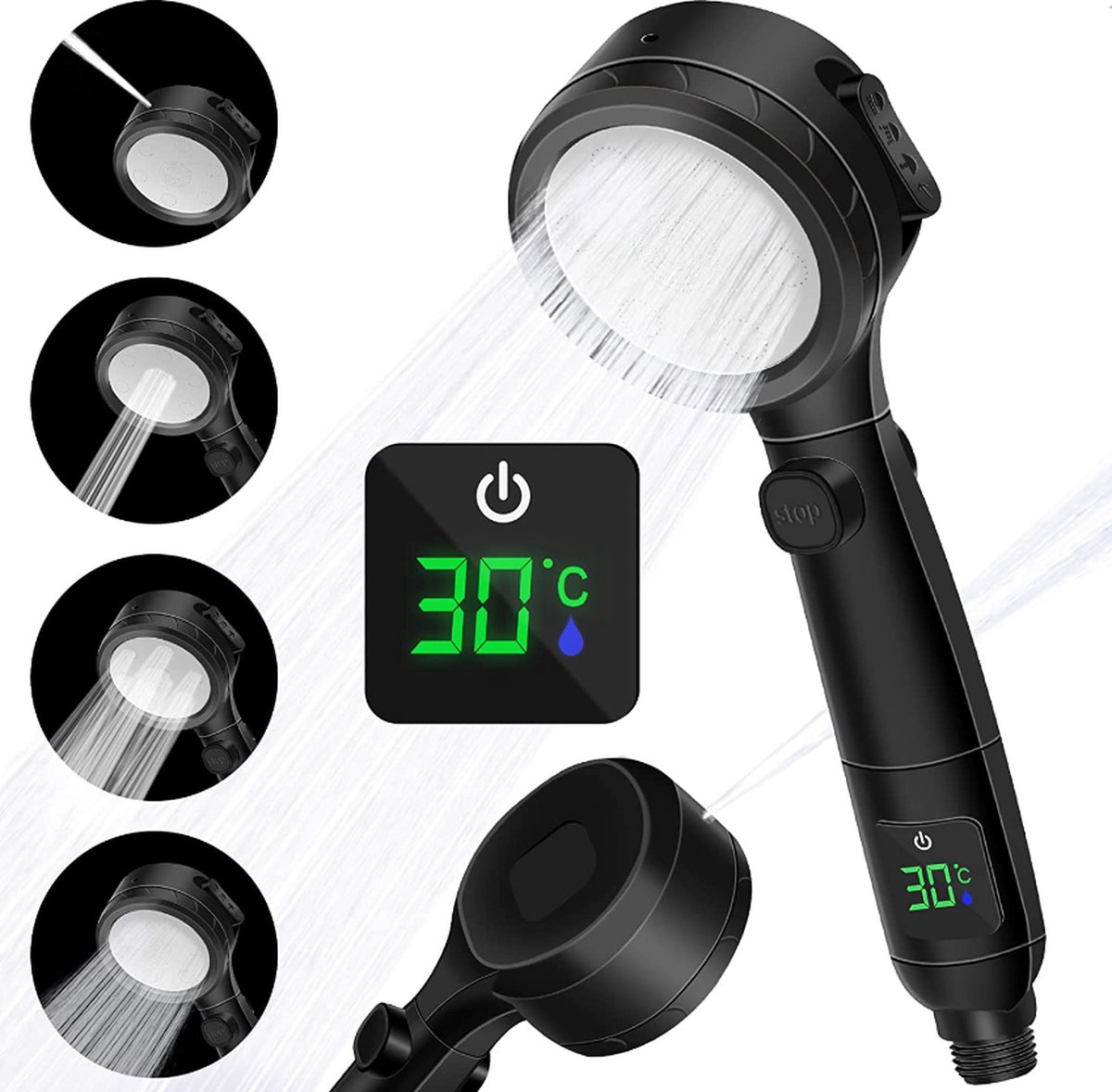 water besparende douchekop zwart led temperatuur display