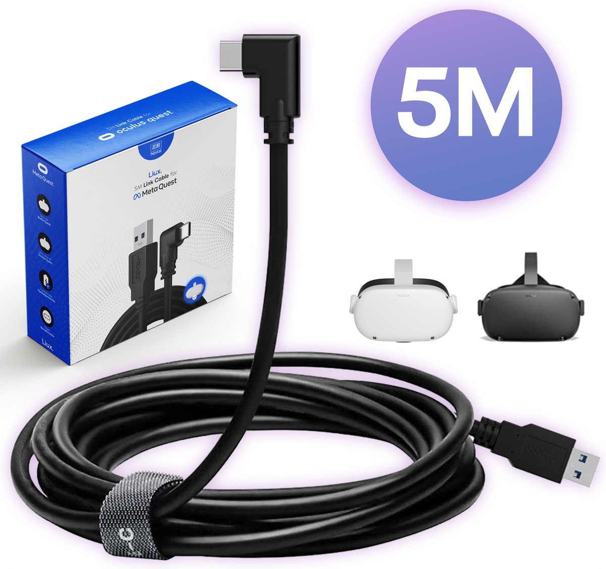 Nintai Oculus Quest 2 Link kabel - Meta Quest Accessoires - 5 meter - USB 3.0 naar USB C - Voor Quest 2 en Meta Quest 2 VR bril