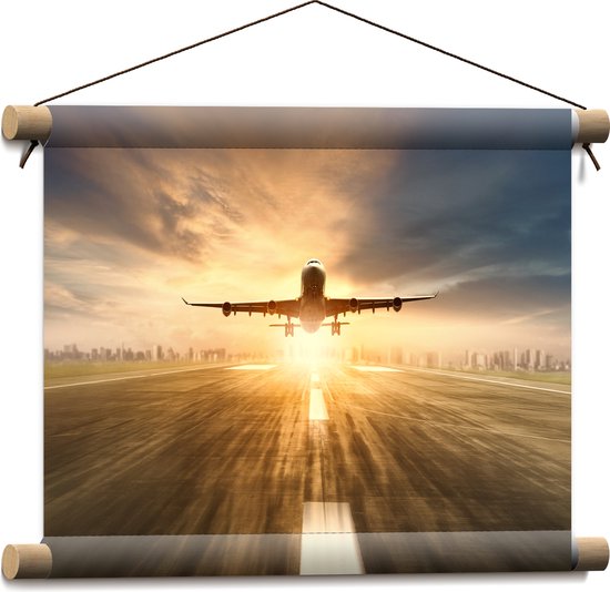 Textielposter - Landend Vliegtuig bij Prachtige Zonsondergang - 40x30 cm Foto op Textiel