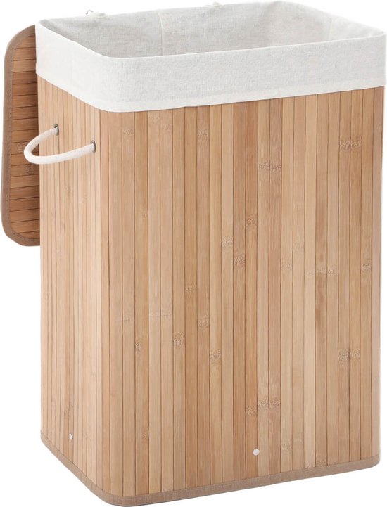 Grote Ronde Bamboe Wasmand 1 vak met Deksel & stoffen Waszak - Bamboe wasbox wassorteerder Rond - Inhoud wasmand 80 liter - Wasmand voor wasgoed - Wasmanden Opvouwbaar - Wasmand met deksel